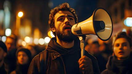 Man Speaks into Megaphone at Night Protest with Blurry Crowd in Background