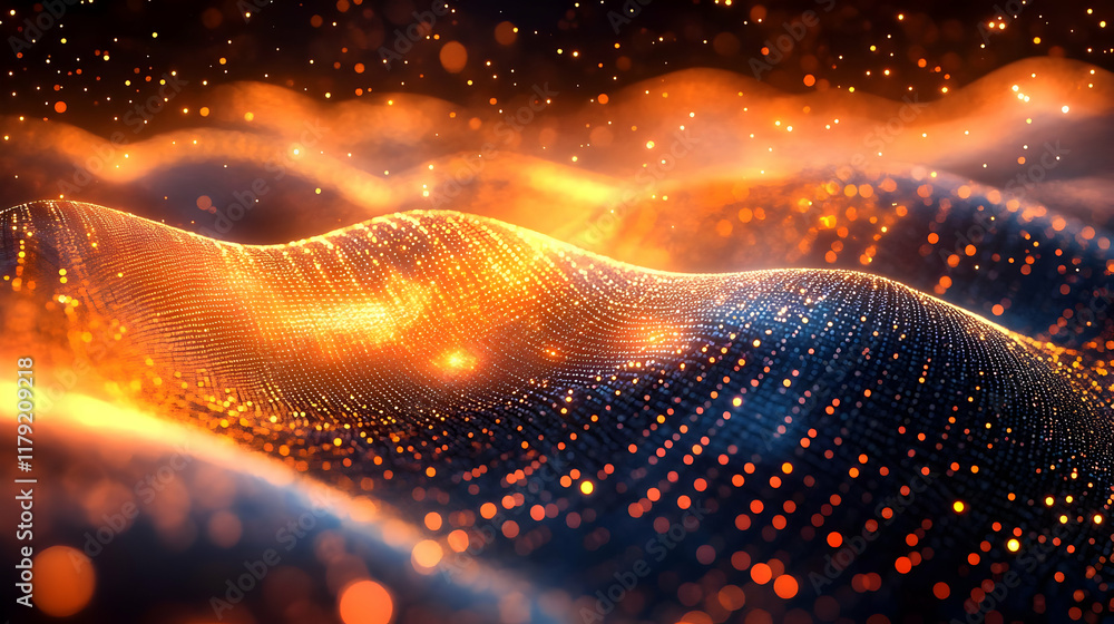 Poster abstract background forms a wavy landscape with glowing particles and bokeh effects