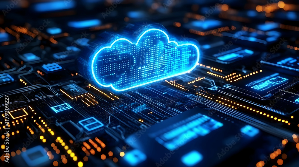 Poster cloud computing hovers over circuit board, symbolizing data storage, network connectivity