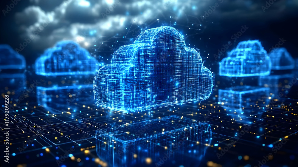 Poster 3d cloud computing network data storage illustration with futuristic technology themes