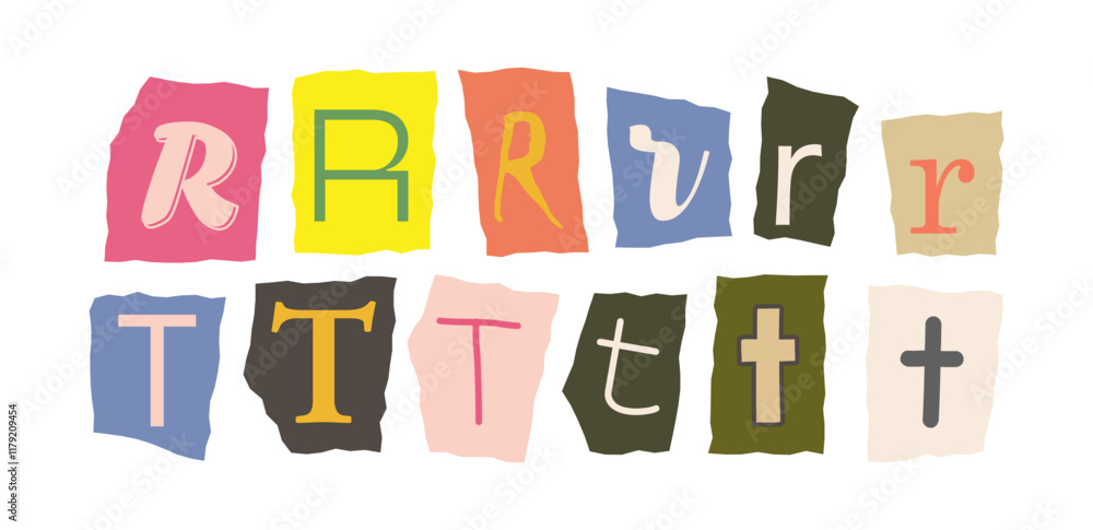 Poster abstract design featuring various r and t letters in creative fonts on colorful torn paper backgroun