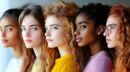 Five Diverse Women Stand Together, Embracing Multiculturalism and Female Empowerment.