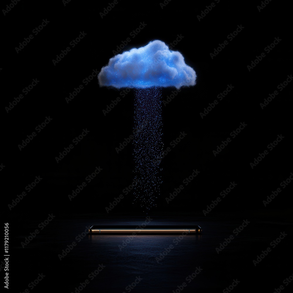 Poster digital cloud concept with rain and smartphone display