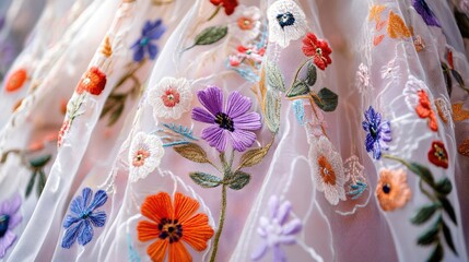 Detailed shot of a lavender dress with colorful floral patterns on white mesh, highlighting its exquisite design.