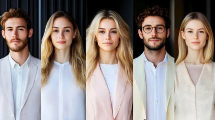 Five Young Professionals Pose for a Portrait with a Dark Background, Dressed in Stylish, Light-Colored Business Attire.