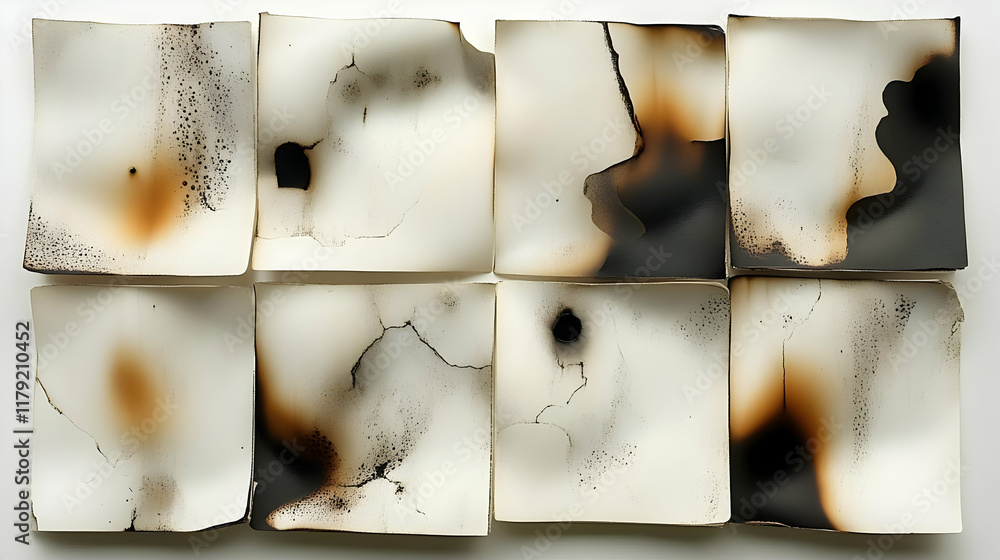Poster eight burned and cracked square papers displaying various degrees of damage and texture showcasing f