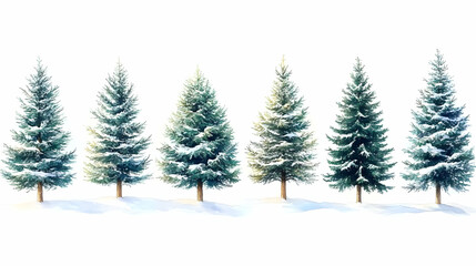 Six Evergreen Trees Stand Tall in a Snowy Winter Landscape, Watercolor Painting Effect.