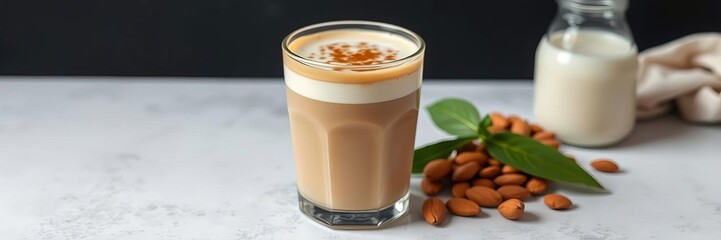 Organic almond milk being poured into a cup of coffee on a dark background, alternative, Organic