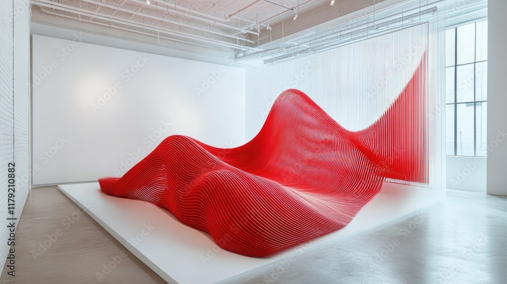 Poster elegant red flowing lines intersecting over a pristine white base, evoking innovation and energy.