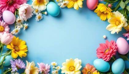 Obraz premium Colorful Easter eggs with flowers on empty background. Easter, spring, celebration concept. Festive decor for card, poster, banner with copy space.