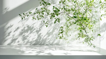 Sunlight illuminates leafy branches in a minimalist, bright setting, casting shadows on a white wall and surface.