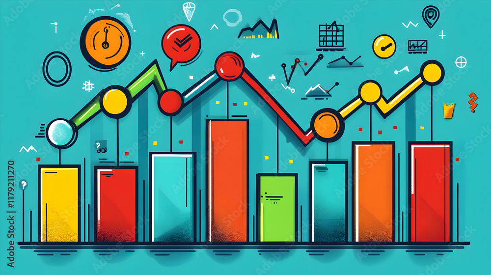 Poster colorful bar graph illustration shows growth and progress with data visualization on teal background