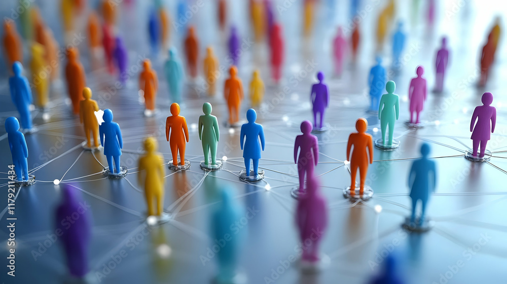 Poster 3d render of colorful figures connected by a network visually represents human connection and divers