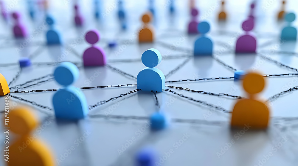 Aufkleber colorful 3d figures connected by chains symbolizing interdependence in a network