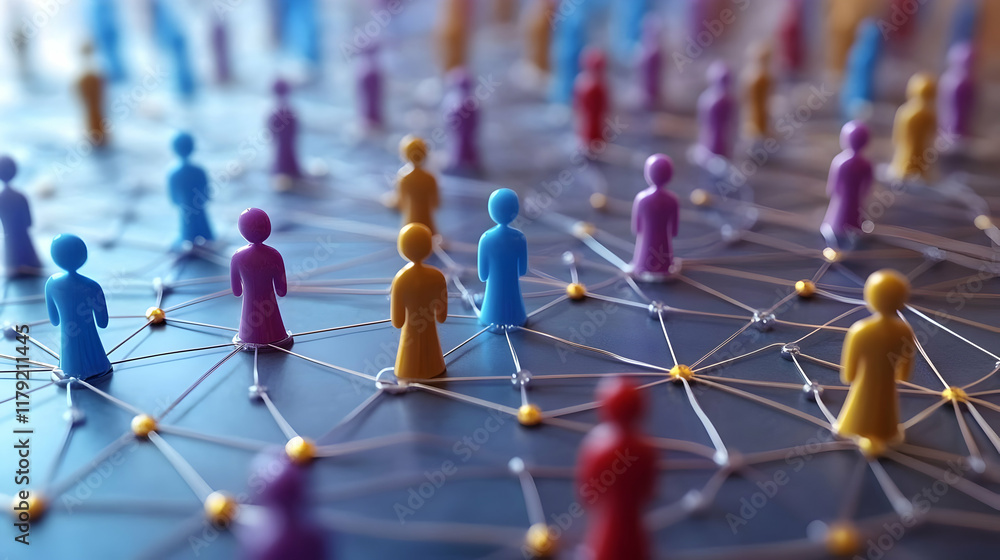 Poster colorful 3d figures interconnected by a network of lines on a dark surface, representing social conn
