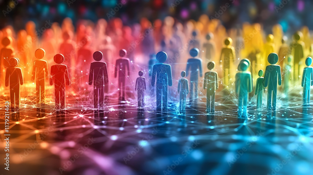 Aufkleber colorful 3d figures connect via network lines on a reflective surface