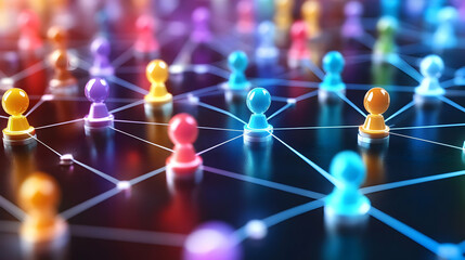 Colorful Pawns Connected by a Network Representing Social Interactions and Communication Dynamically.
