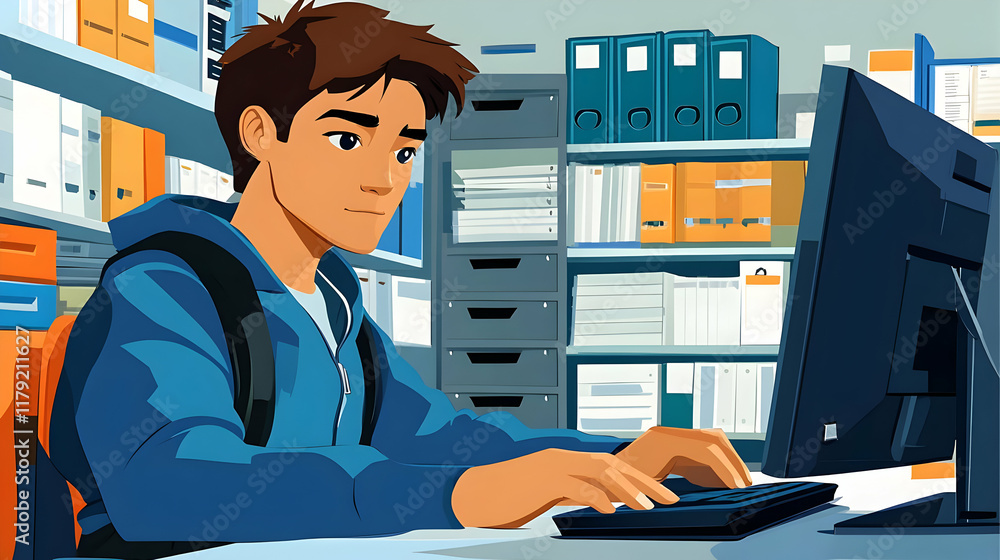 Poster young man types on computer keyboard in organized office with files and shelves efficiently.