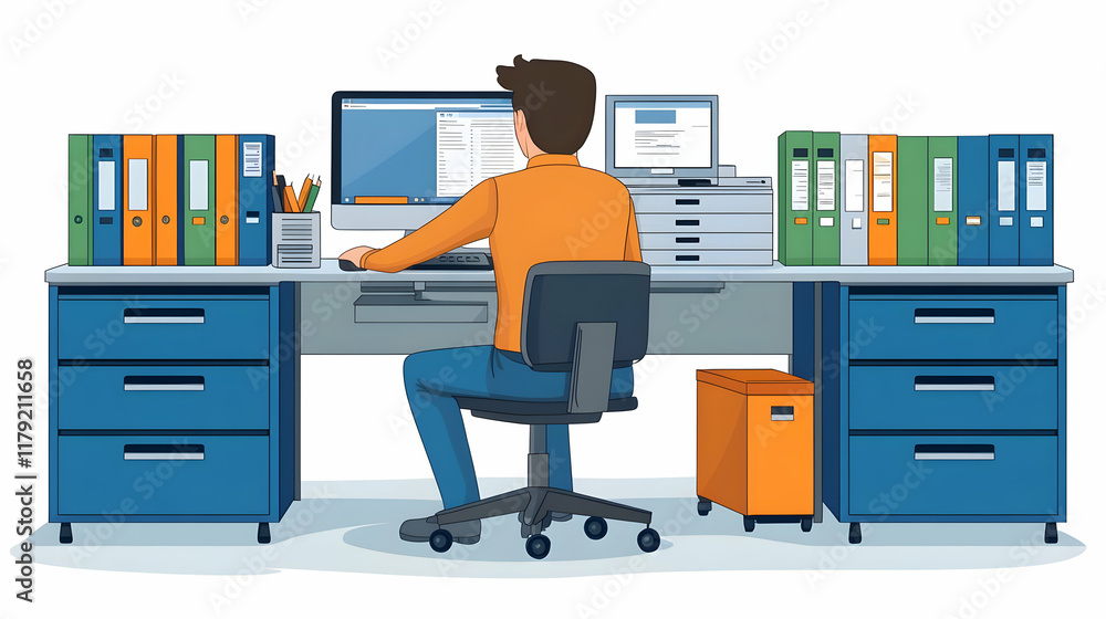 Aufkleber man works at computer in office with files and drawers illustration