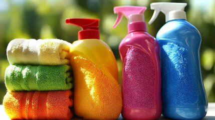 Colorful Cleaning Supplies and Towels Displayed Outdoors with Lush Green Backdrop