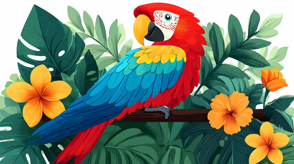 Colorful Macaw Perched on a Branch Amidst Tropical Foliage and Flowers Beautifully