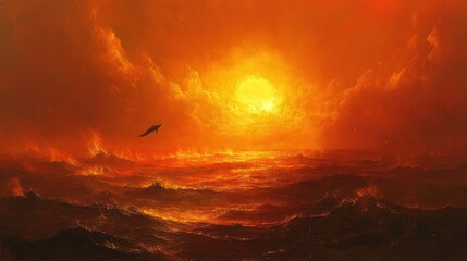 Obraz premium Fiery sunset over turbulent ocean with a lone bird in flight.