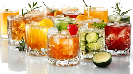 Variety of Refreshing Cocktails Fill Crystal Glasses, Garnished Elegantly on White Background.