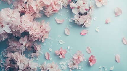 Obraz premium Flat lay design featuring fresh pink blooms and soft petals on a pastel blue background, capturing spring's essence.
