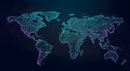 Digital World Map with Glowing Network Connections on Dark Background