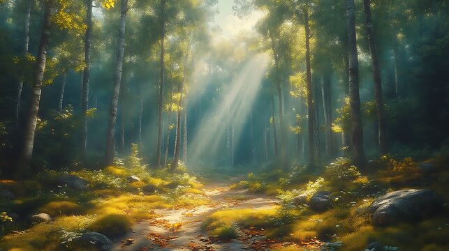 Sunbeams illuminate a mystical forest path.