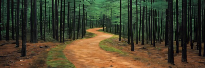 Obraz premium Winding Forest Path, Tranquil Woodland Setting With Dappled Sunlight, Nature Stock Photo
