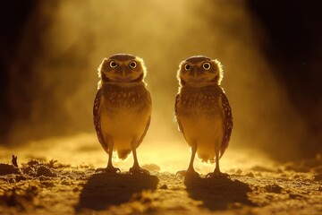 Two Burrowing owls Athene cunicularia standing on the ground illuminated by sunlight Pantanal, Brazil 