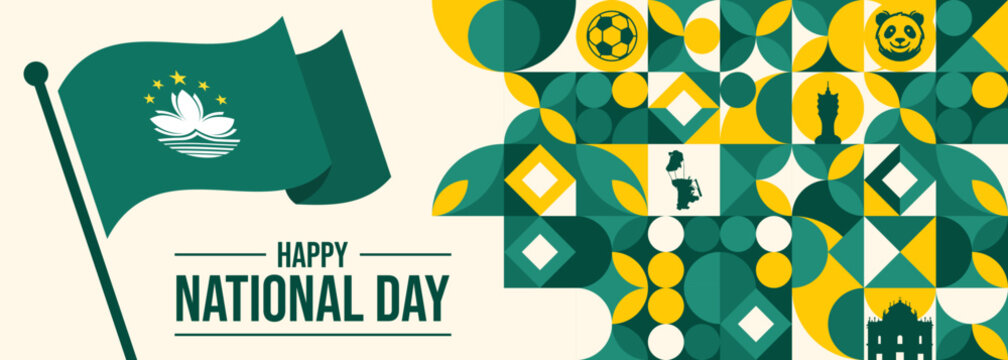 Macau happy national day greeting card, banner vector illustration. Macao holiday 1st of October design element with realistic flag
- Powered by Adobe