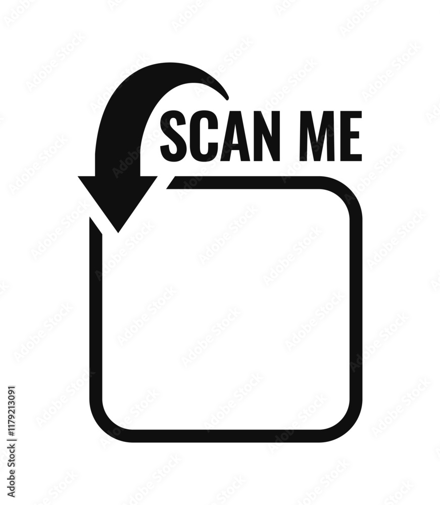 Poster black arrow pointing to a square with scan me text above, simple black and white graphic, minimalist