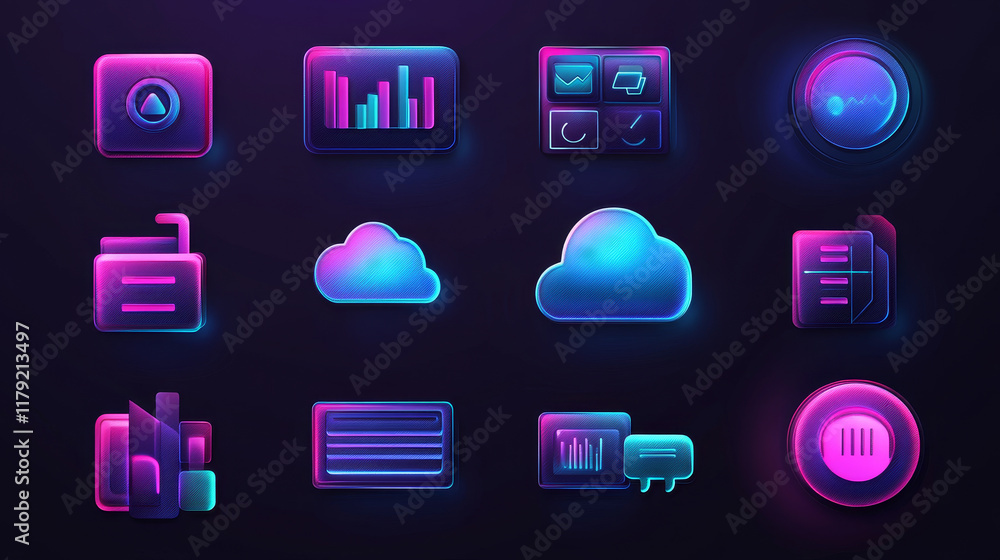 Poster database, network server and cloud storage icon. data storage and backup center, server service thin
