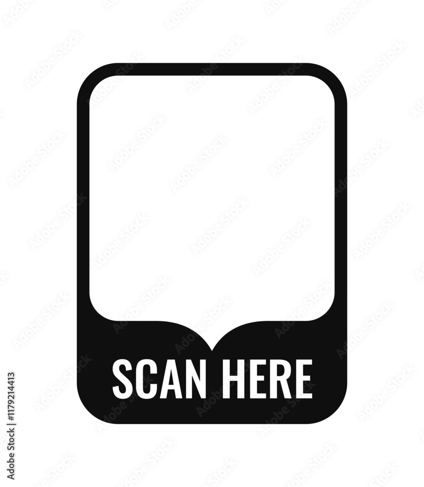 Poster minimalistic black-and-white qr code frame with scan here text at the bottom, placed on a plain whit