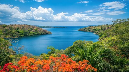Obraz premium Bay view, tropical trees, flowers foreground, puffy clouds background, tourism industry use