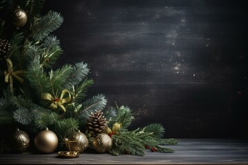 Christmas still life with ornaments, bows, pine cones and fir branches on dark wooden background with copy space