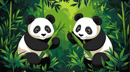 Two Adorable Pandas Enjoying Bamboo in a Lush Green Forest Illustration