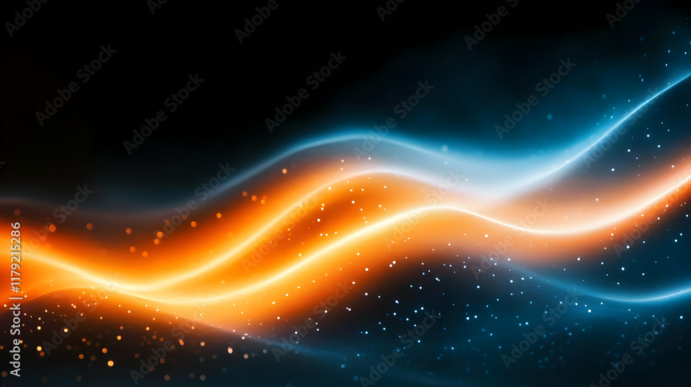Aufkleber abstract background displays flowing orange and blue light waves with sparkling particles dynamicall