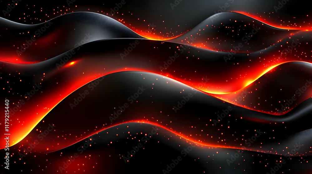 Poster abstract black and red waves flow seamlessly with glowing particles