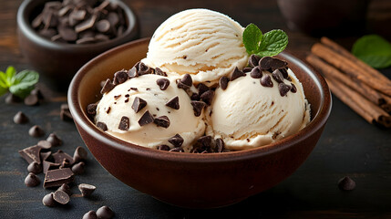 Vanilla Ice Cream Scoops Topped with Chocolate Chips in a Bowl Elegantly.