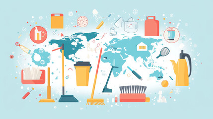 Housework infographics with vector graphs and charts of house cleaning products and supplies, household chores diagram and world map with housewife, vacuum cleaner, broom and mop, brush bucket, sponge