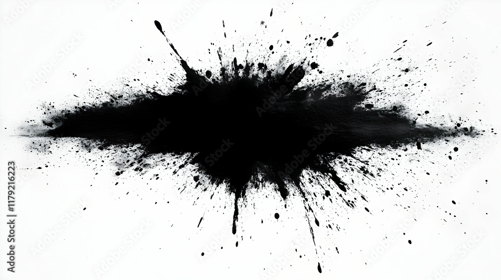 Poster black ink splatter explodes dynamically on white background creating abstract design