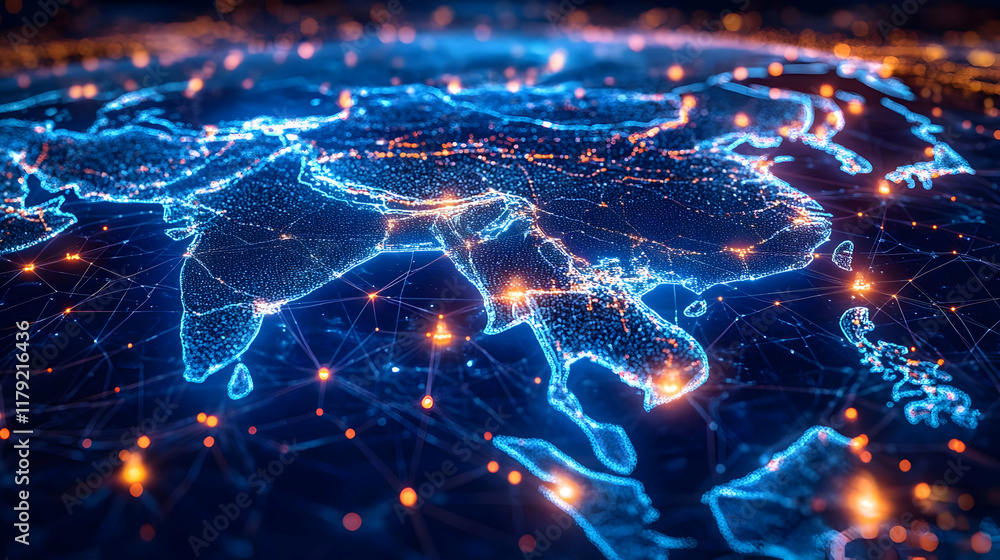 Poster abstract 3d globe shows interconnected networks with glowing nodes in asia beautifully