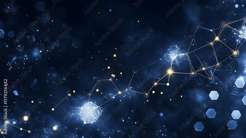 Poster abstract background shows golden network connecting glowing dots over dark blue with bokeh effect