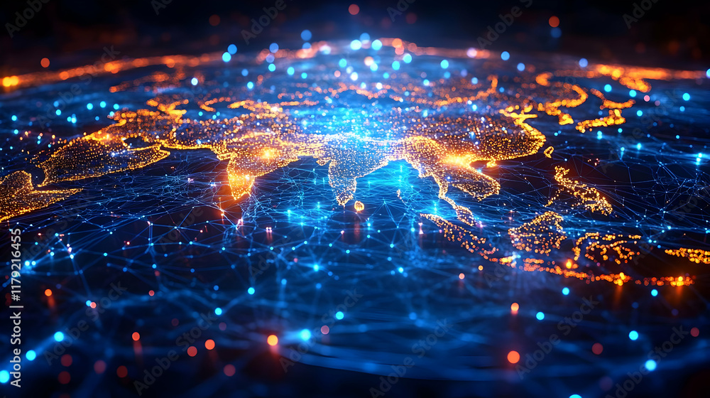 Poster global network connecting world continents with digital lines and glowing dots shows international c