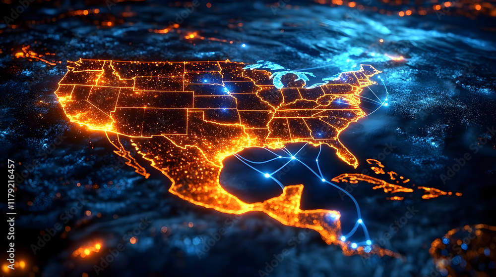 Poster glowing map of region shows interconnected cities with bright lights and data flow