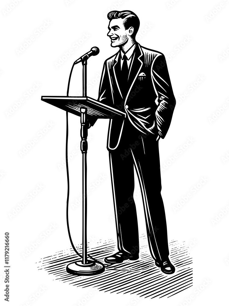 Poster man in a suit giving a speech at a podium with a microphone sketch engraving generative ai fictional