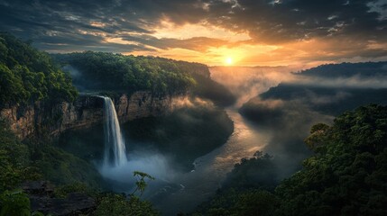 Fototapeta premium Majestic waterfall cascading into a misty river valley at sunrise.